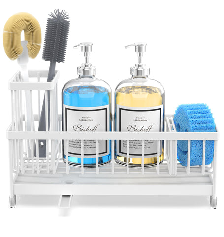Moforoco caddy fits two soap dispensers, several brushes, and a sponge.