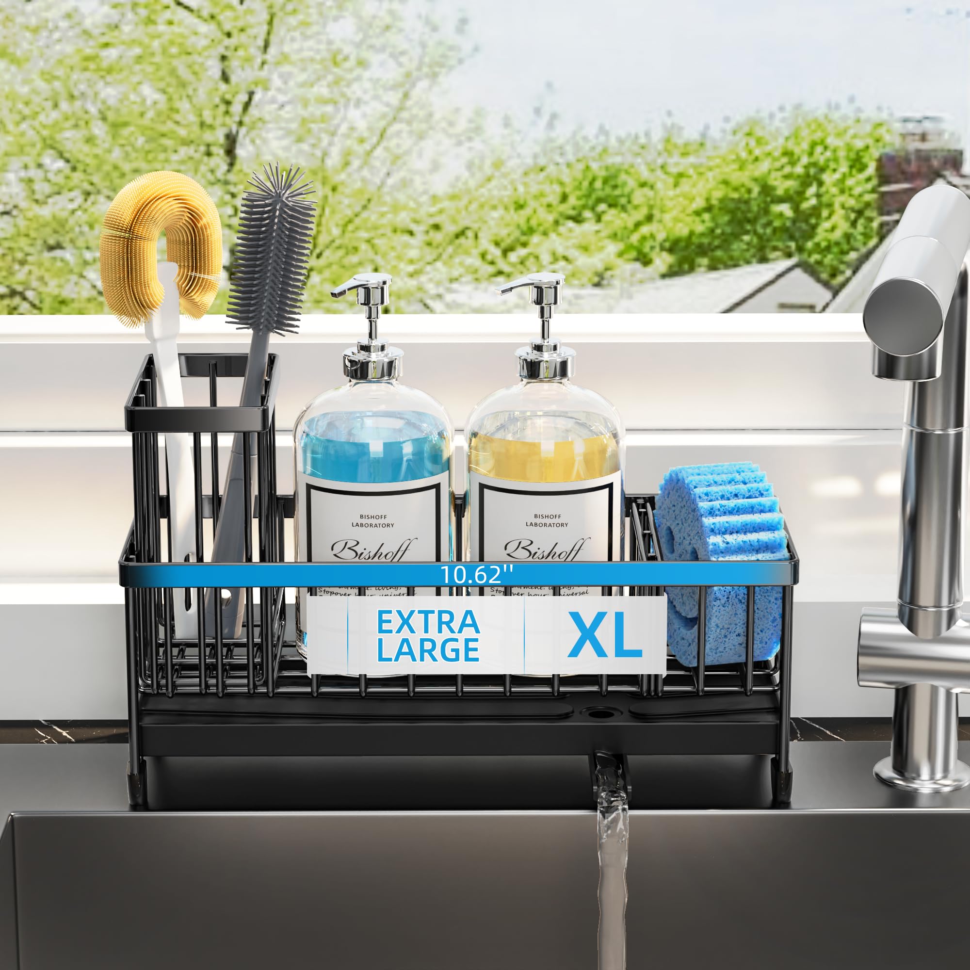 Moforoco extra-large sponge holder on sink keeps sponges organized and dry.