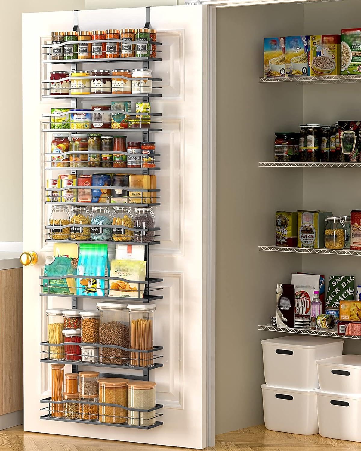 Moforoco over-door pantry 9-tier shelf saves space in compact kitchens.