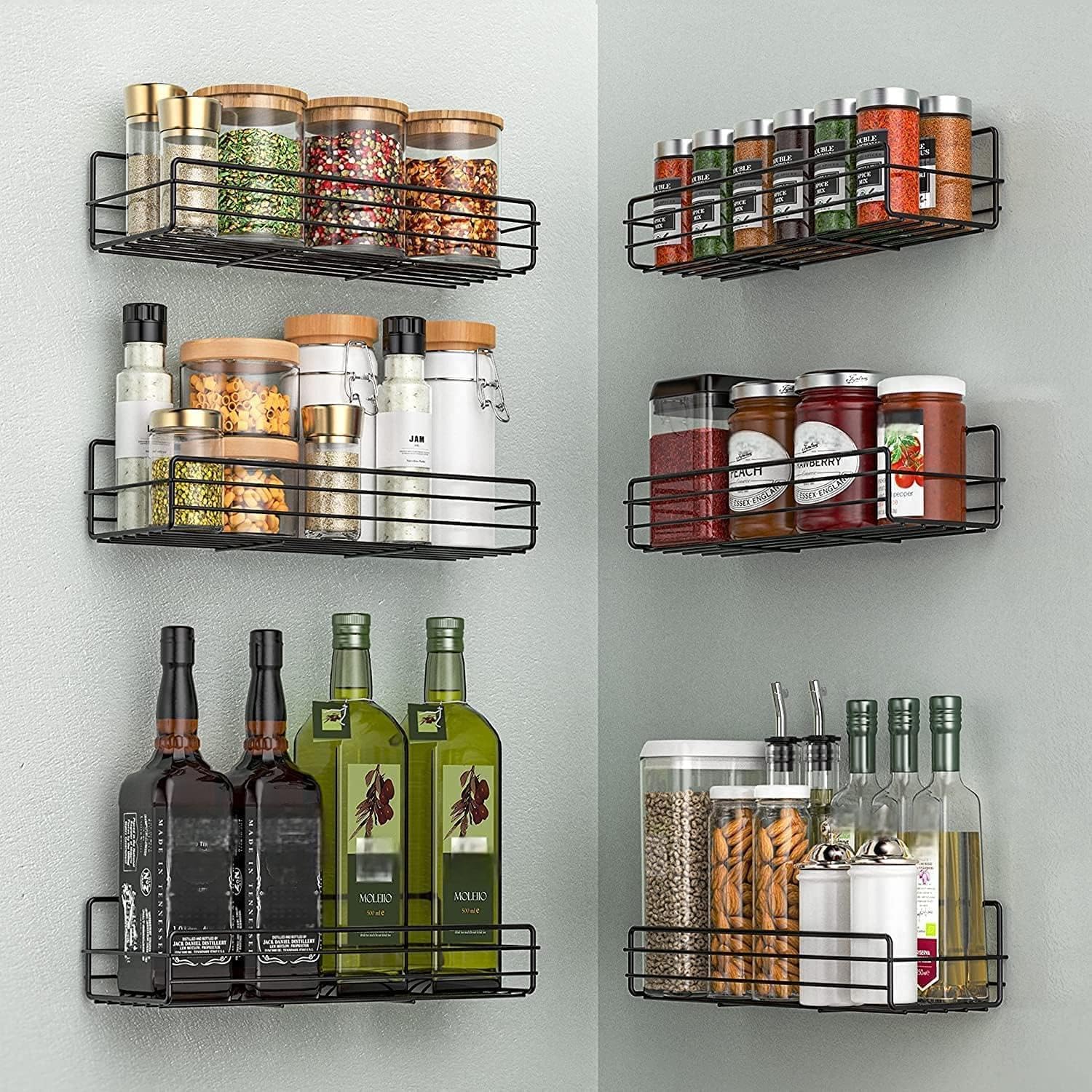 Moforoco wall-mount spice rack six-pack keeps spices neat and accessible.