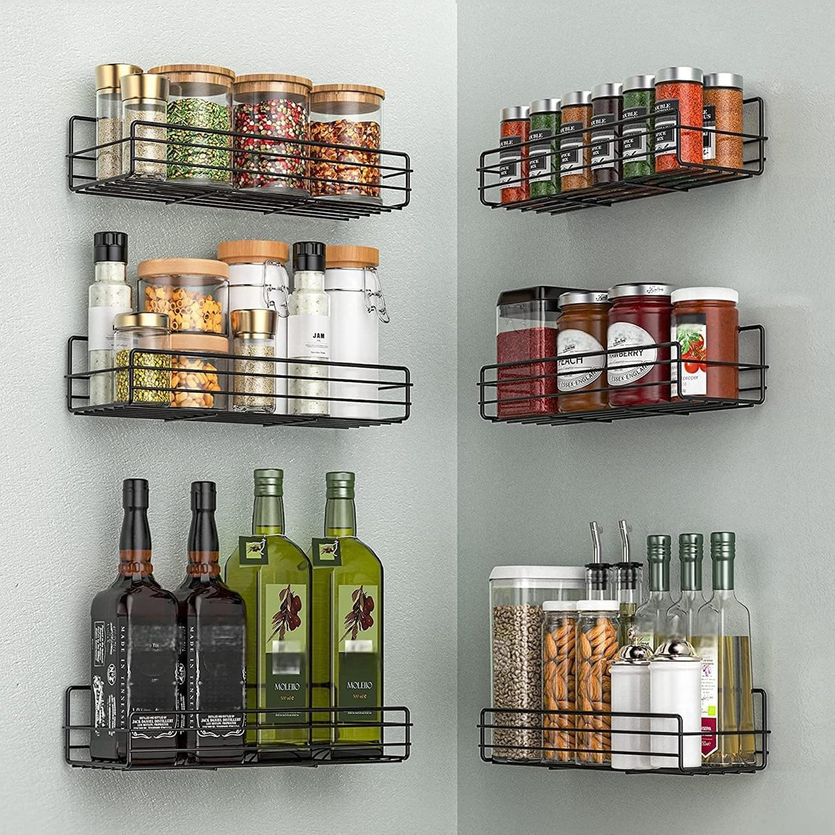 Moforoco wall-mount spice rack six-pack keeps spices neat and accessible.