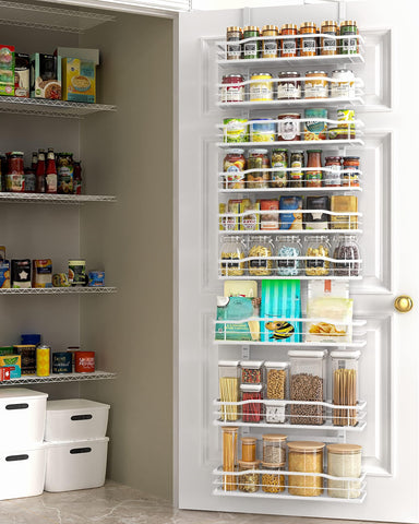 Moforoco white 9-tier over-the-door pantry organizer mounted on a door, space-saving kitchen solution.