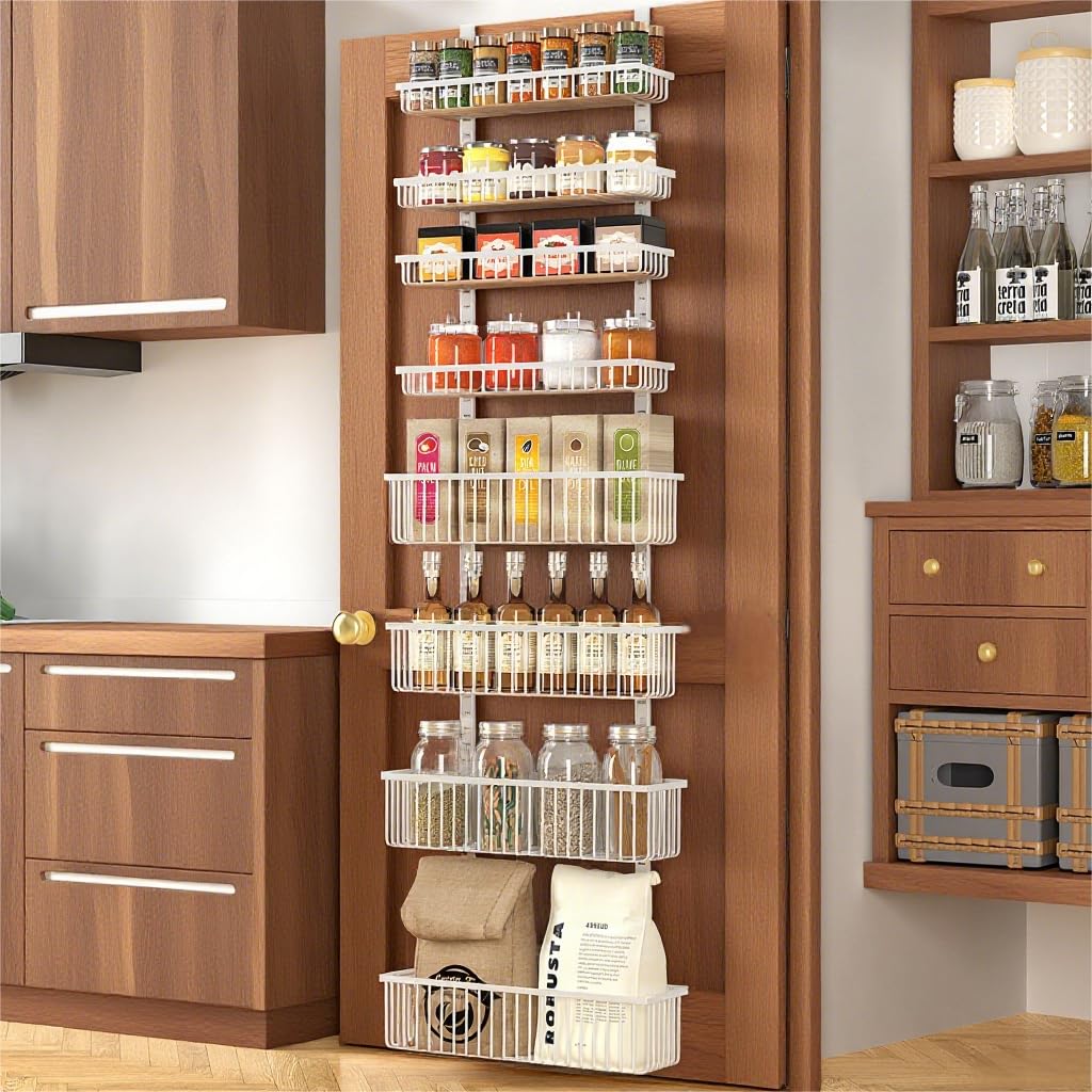 Moforoco white over-the-door pantry organizer keeps spices neatly organized and within reach