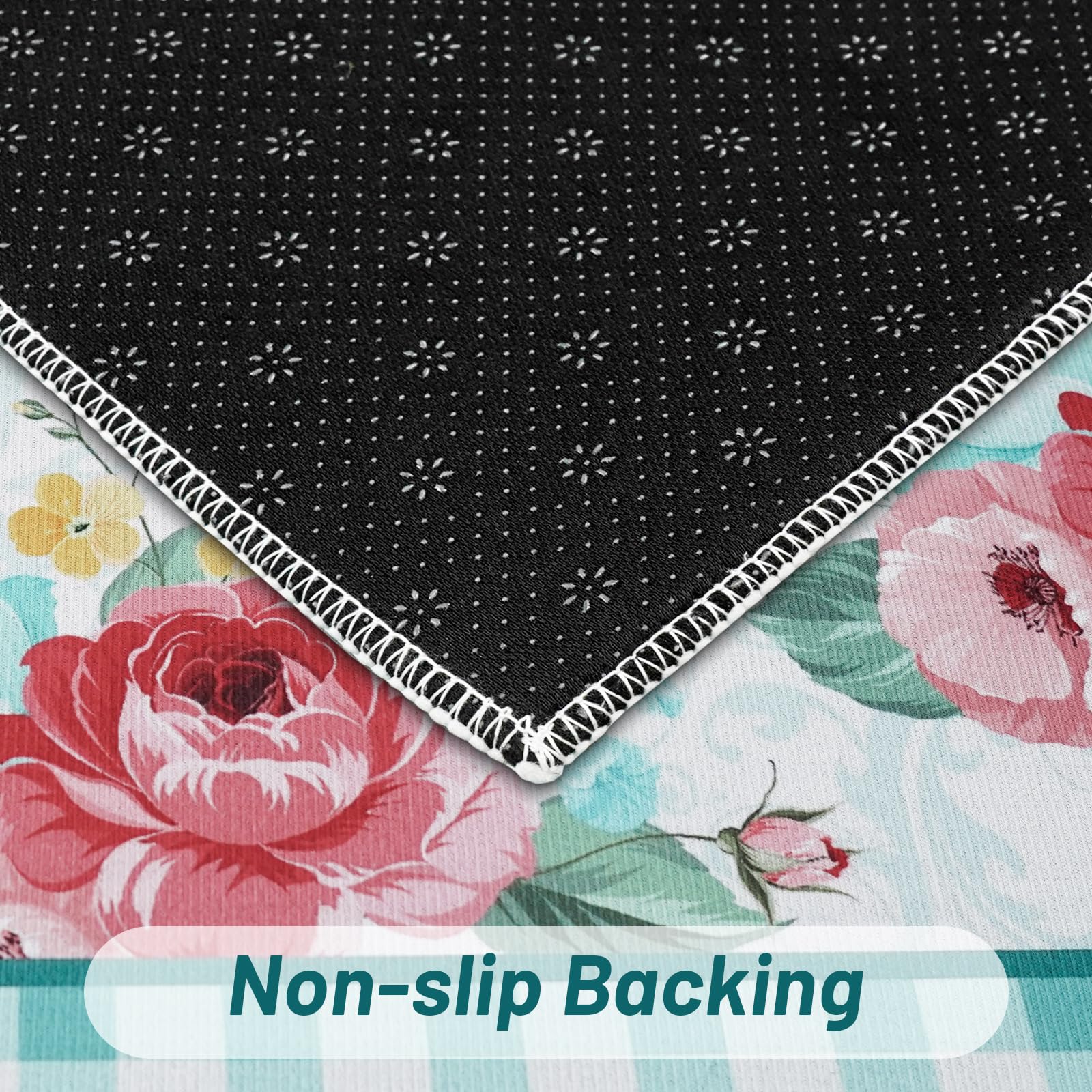 Mofvugz non-slip backing detail helps rugs stay in place during cooking tasks.
