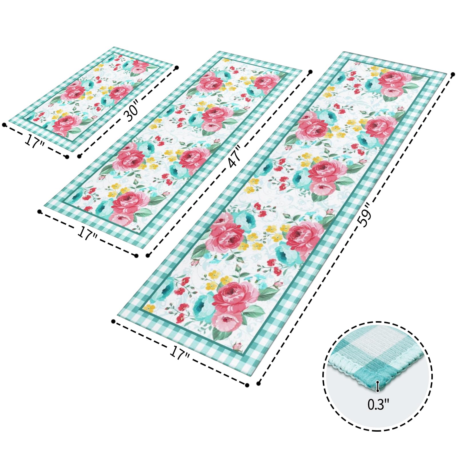Mofvugz red-teal floral kitchen rug 17x47 featuring non-slip backing for safer footing.