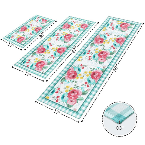 Mofvugz red-teal floral kitchen rug 17x47 featuring non-slip backing for safer footing.