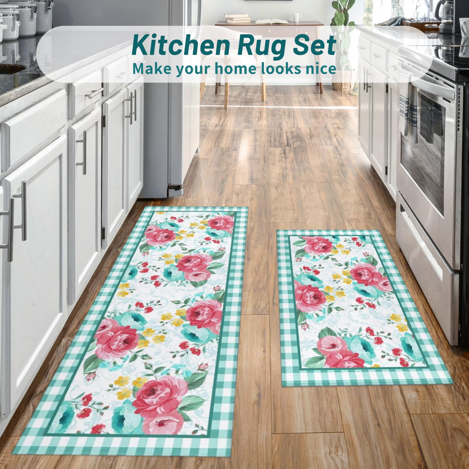 Mofvugz red-teal floral kitchen rug 17x59 adds warmth to busy kitchens.
