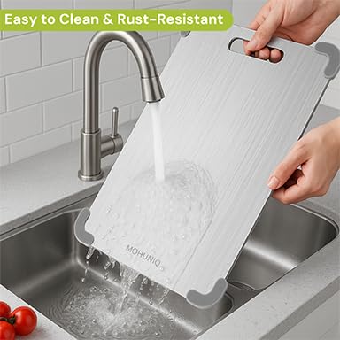 MOHUNIQ stainless steel board with anti-slip corners ensures stable cutting on slick counters.