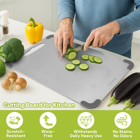 MOHUNIQ cutting board top view emphasizes double-sided design for versatile prep.