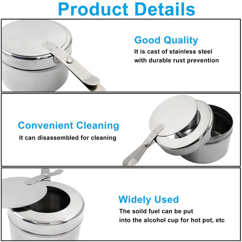 Moicstiy fuel holder fits chafer racks and pans for versatility.