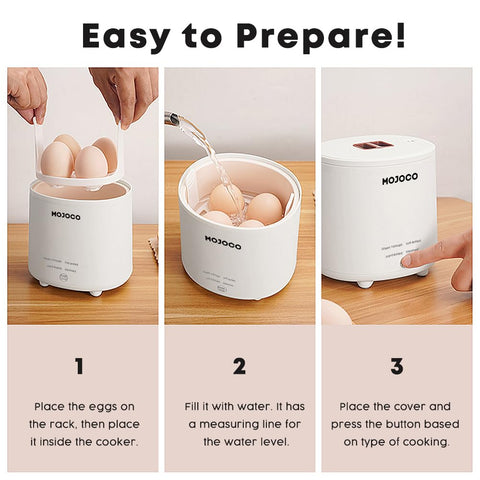 MOJOCO Rapid Egg Cooker one-touch control for easy cooking.