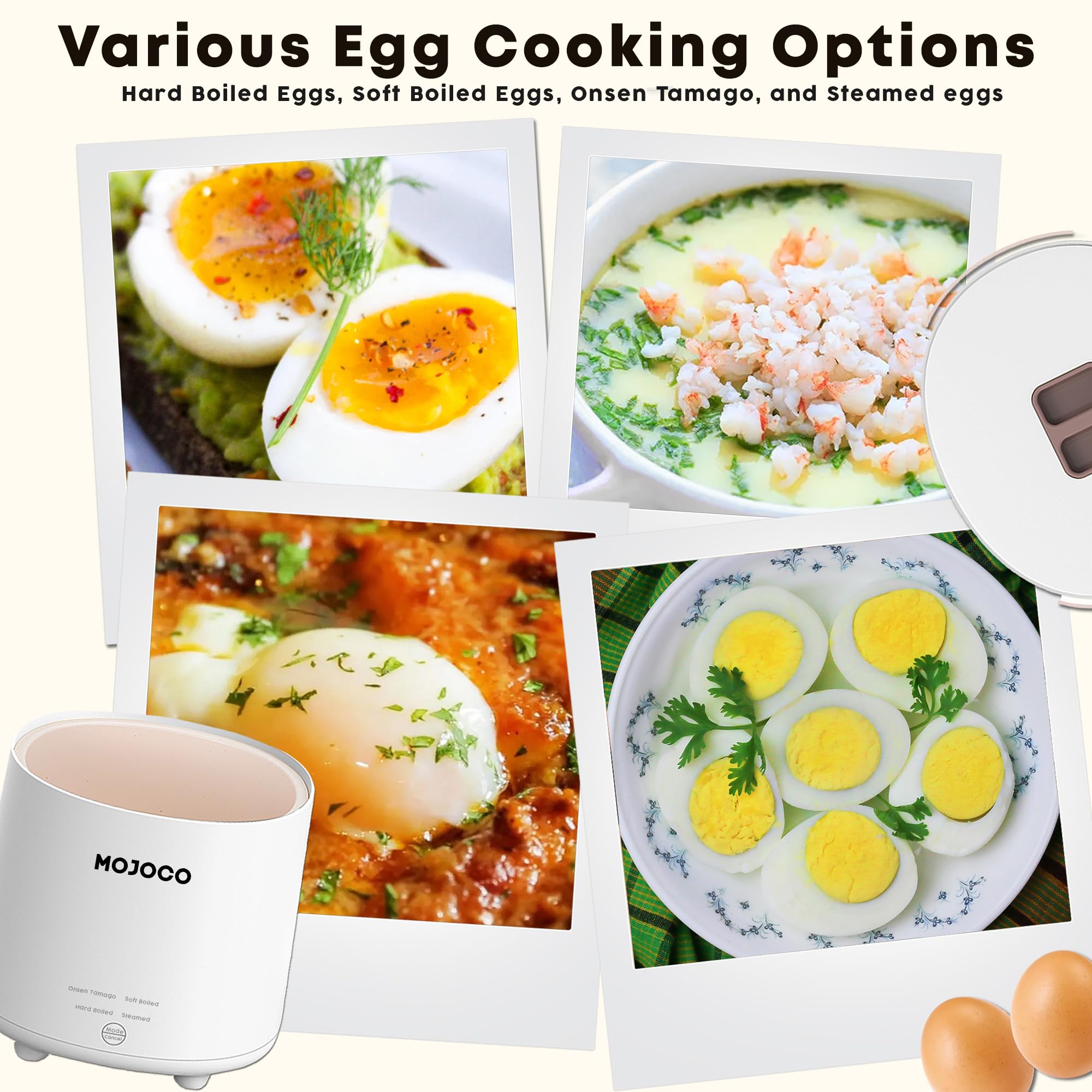 MOJOCO Rapid Egg Cooker soft-boiled eggs with precise timing.