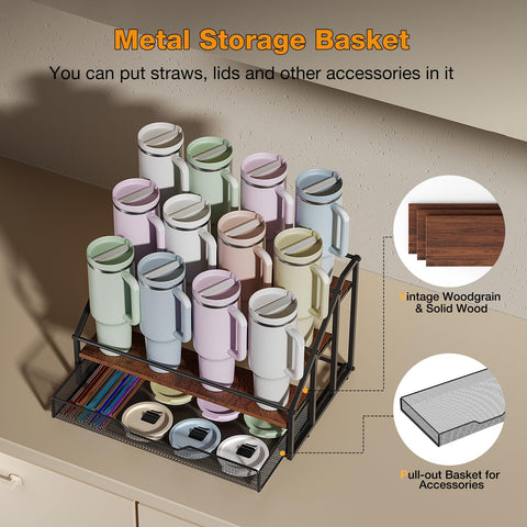 MOJOHAND 12-bottle rack with pull-out basket for lids and straws