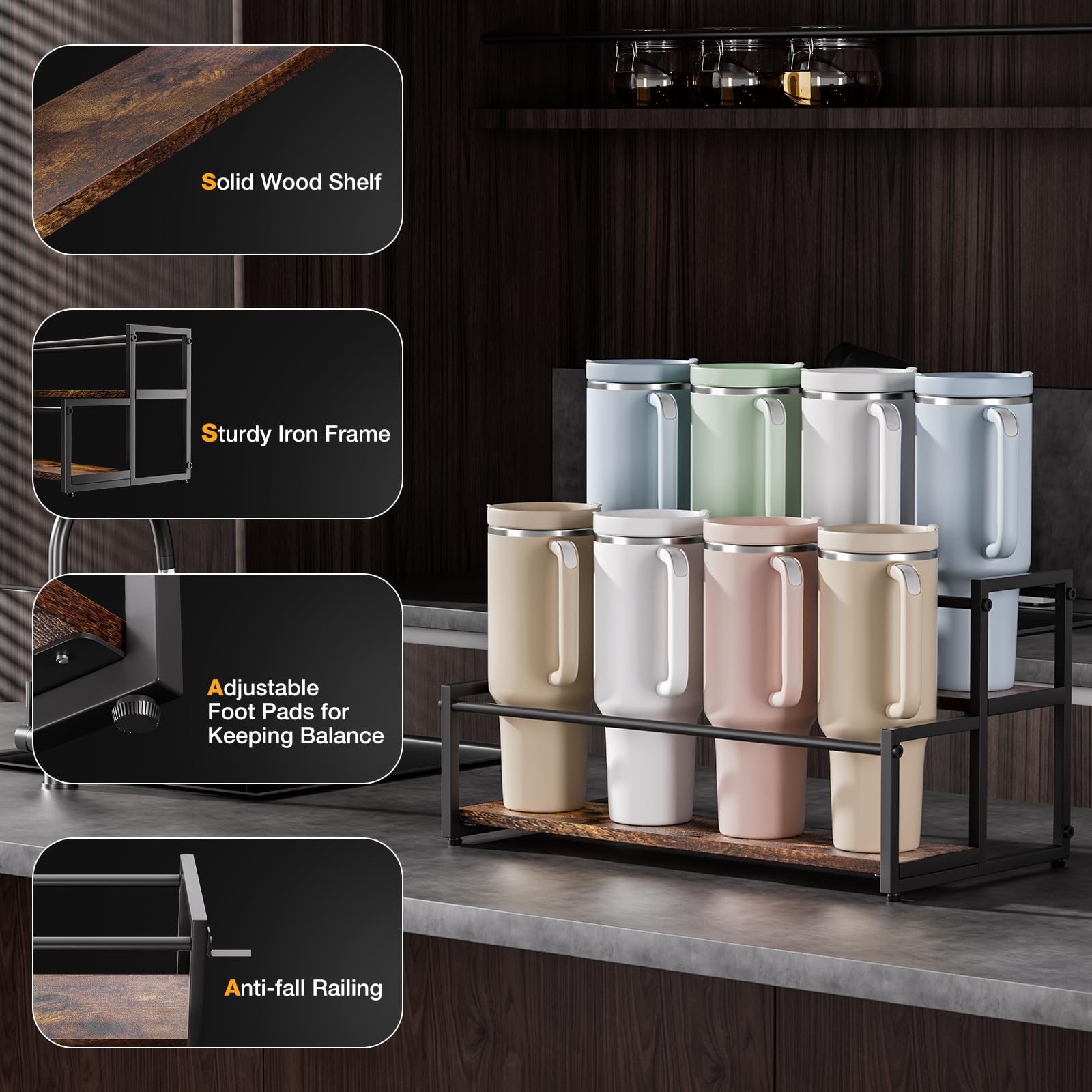 MOJOHAND two-tier holder maximizes space and frees counter surfaces.