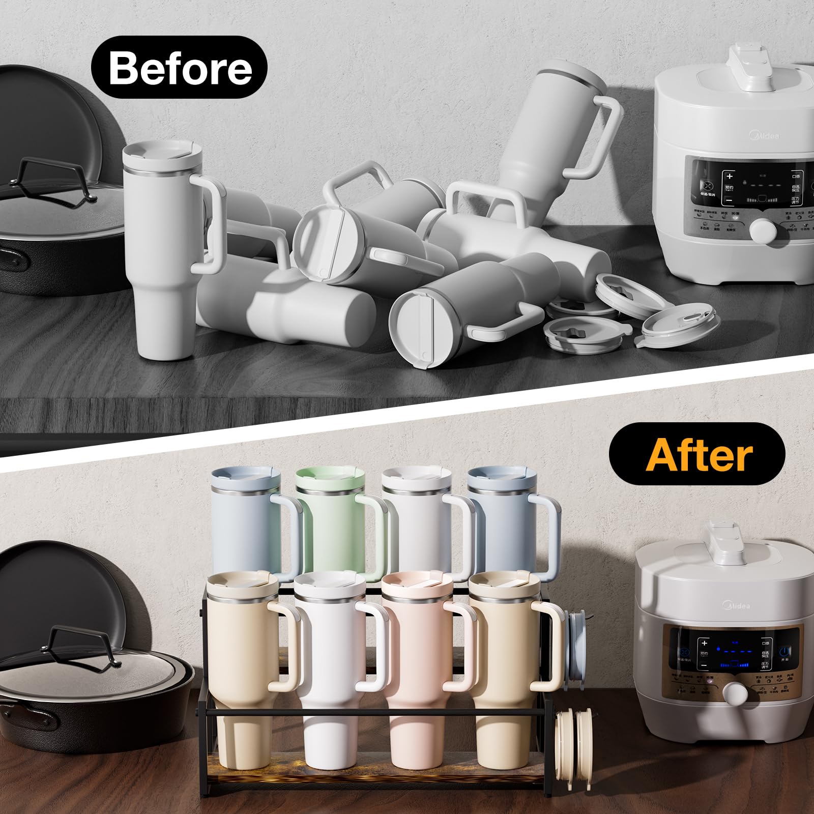 MOJOHAND versatile storage supports wine bottles, mugs, and cups.