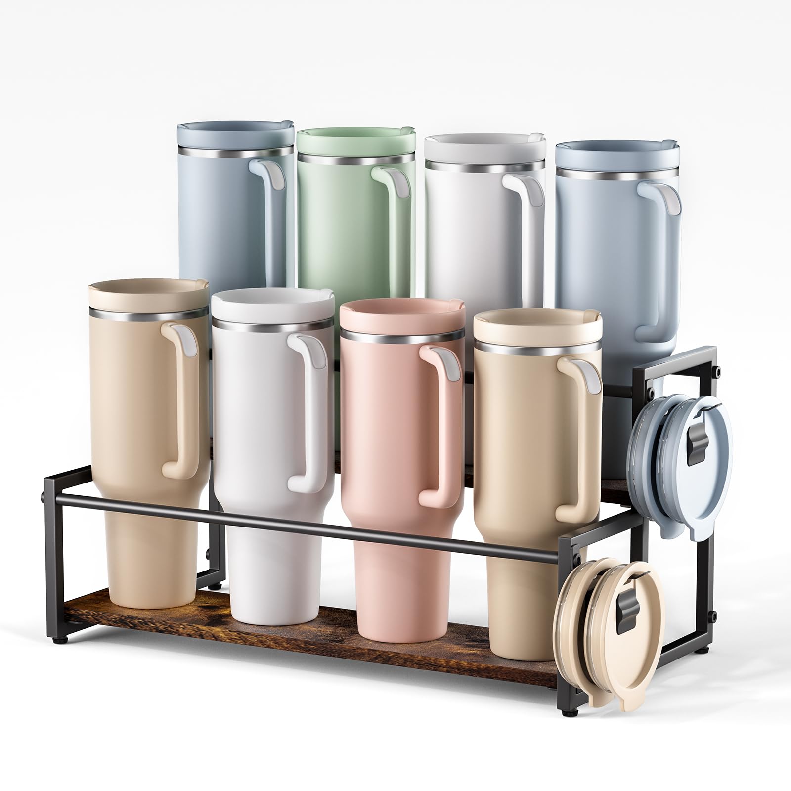 MOJOHAND 2-tier water bottle organizer holds eight tumblers with lid hook.