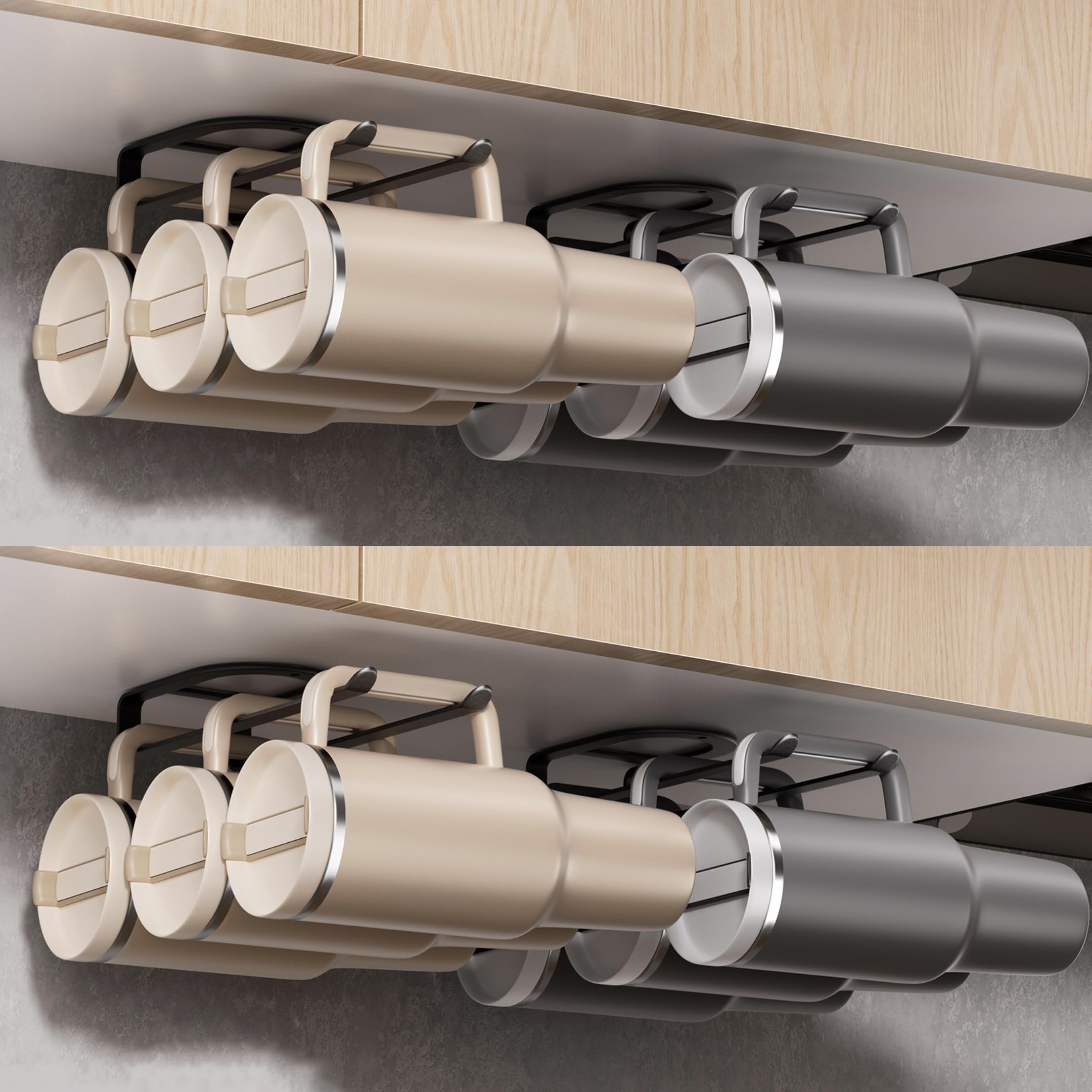 MOJOHAND water bottle organizer for Stanley tumbler handle in black keeps bottles neatly stored.