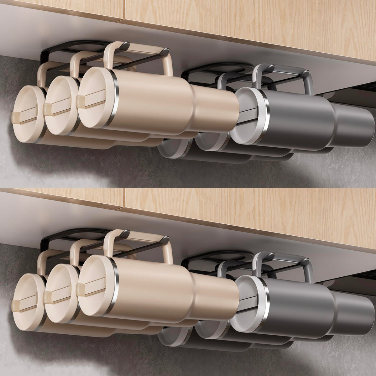 MOJOHAND water bottle organizer for Stanley tumbler handle in black keeps bottles neatly stored.