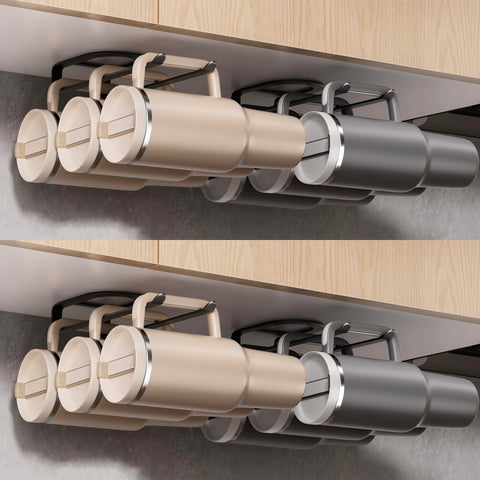 MOJOHAND water bottle organizer for Stanley tumbler handle in black keeps bottles neatly stored.