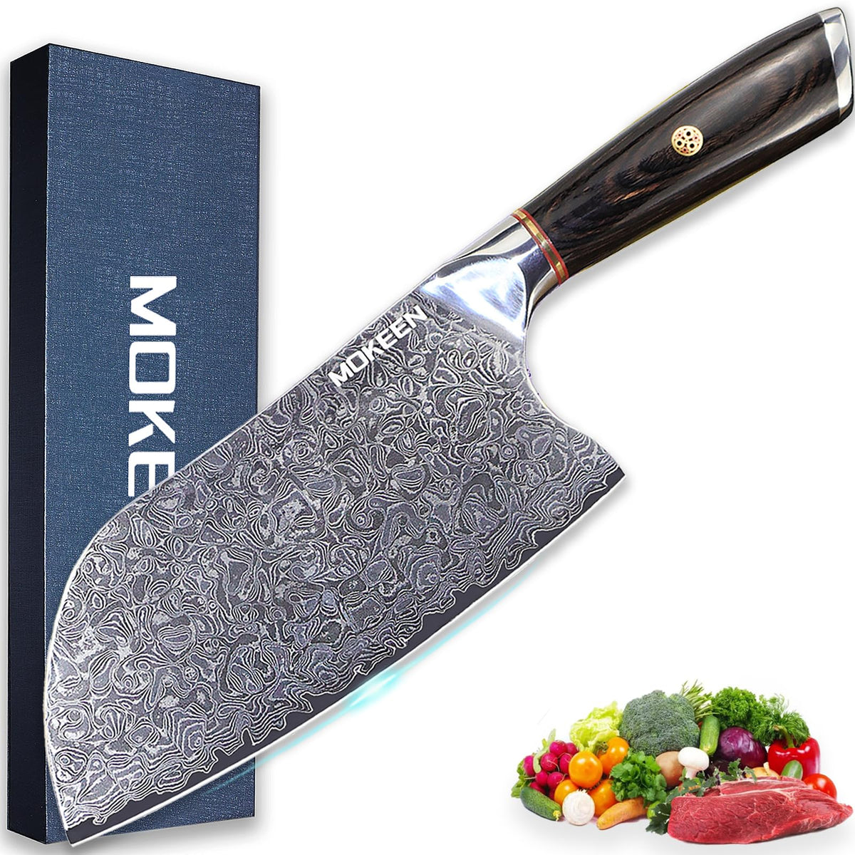 MOKEEN 7-inch cleaver with damascus pattern for precise vegetable prep.