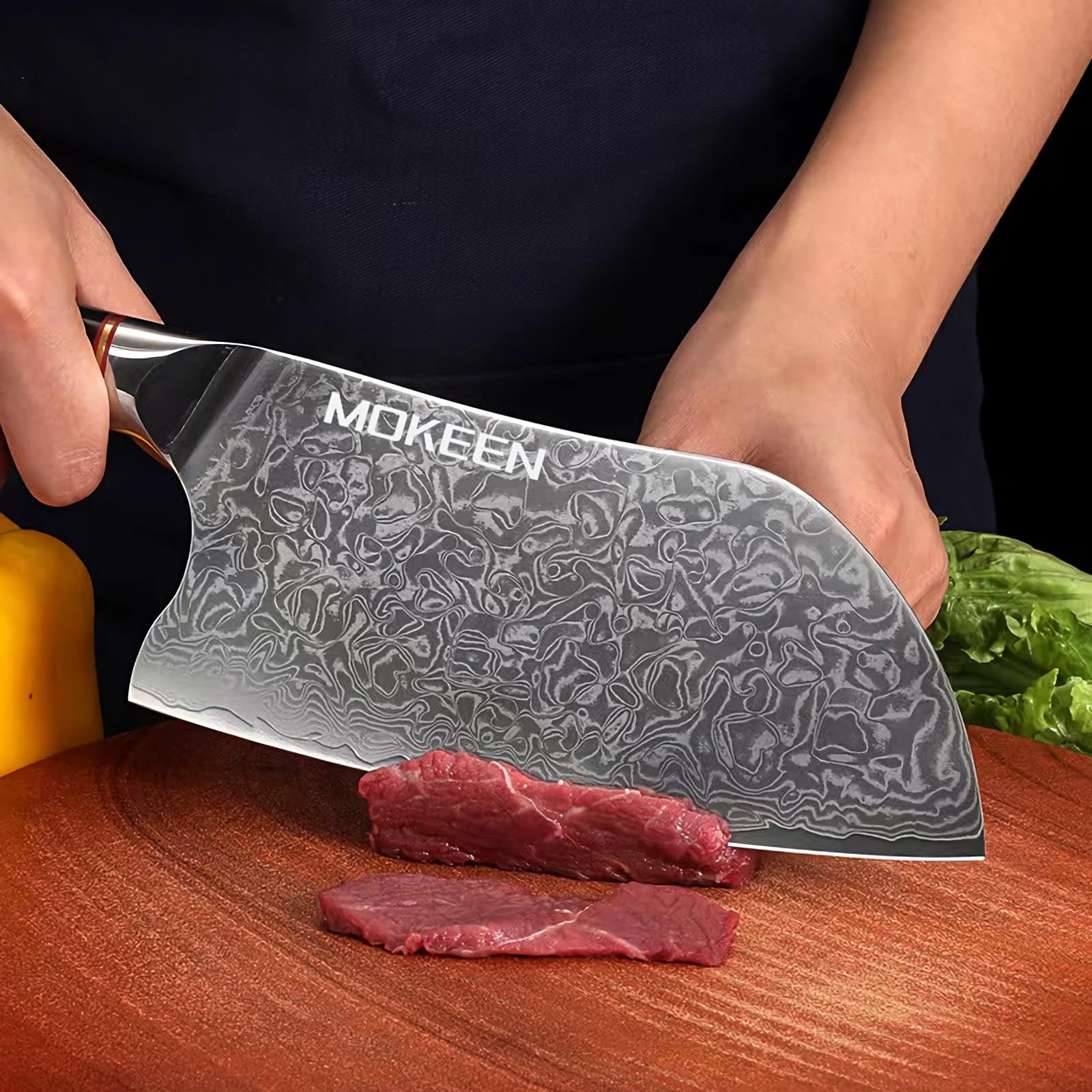 MOKEEN cleaver with full-tang wooden handle for balanced control.