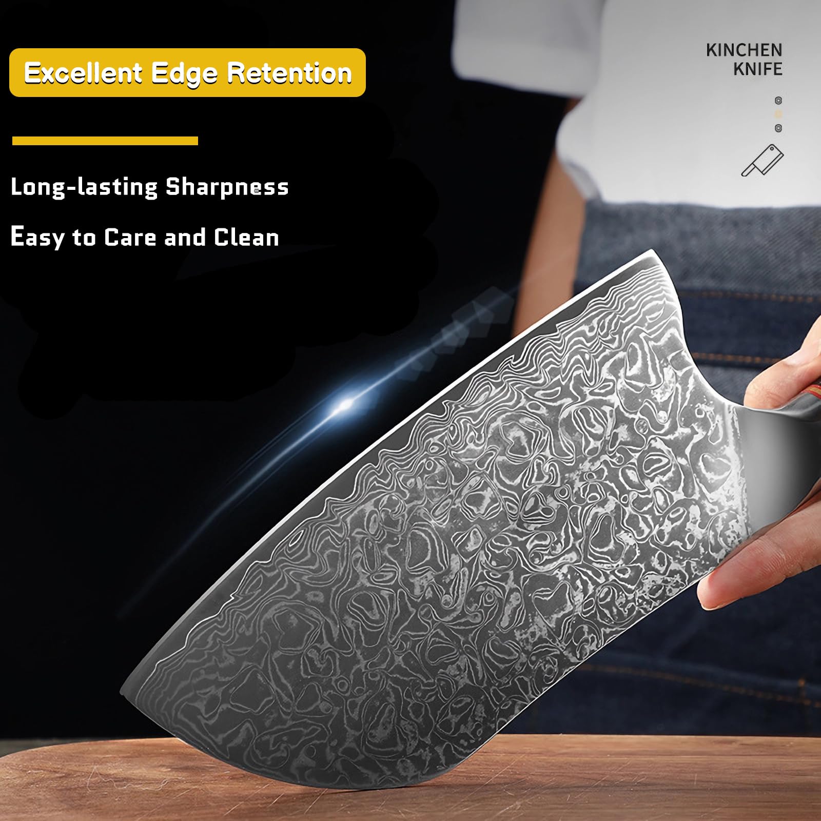 MOKEEN Damascus-pattern blade showcasing craftsmanship and durability.