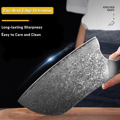 MOKEEN Damascus-pattern blade showcasing craftsmanship and durability.