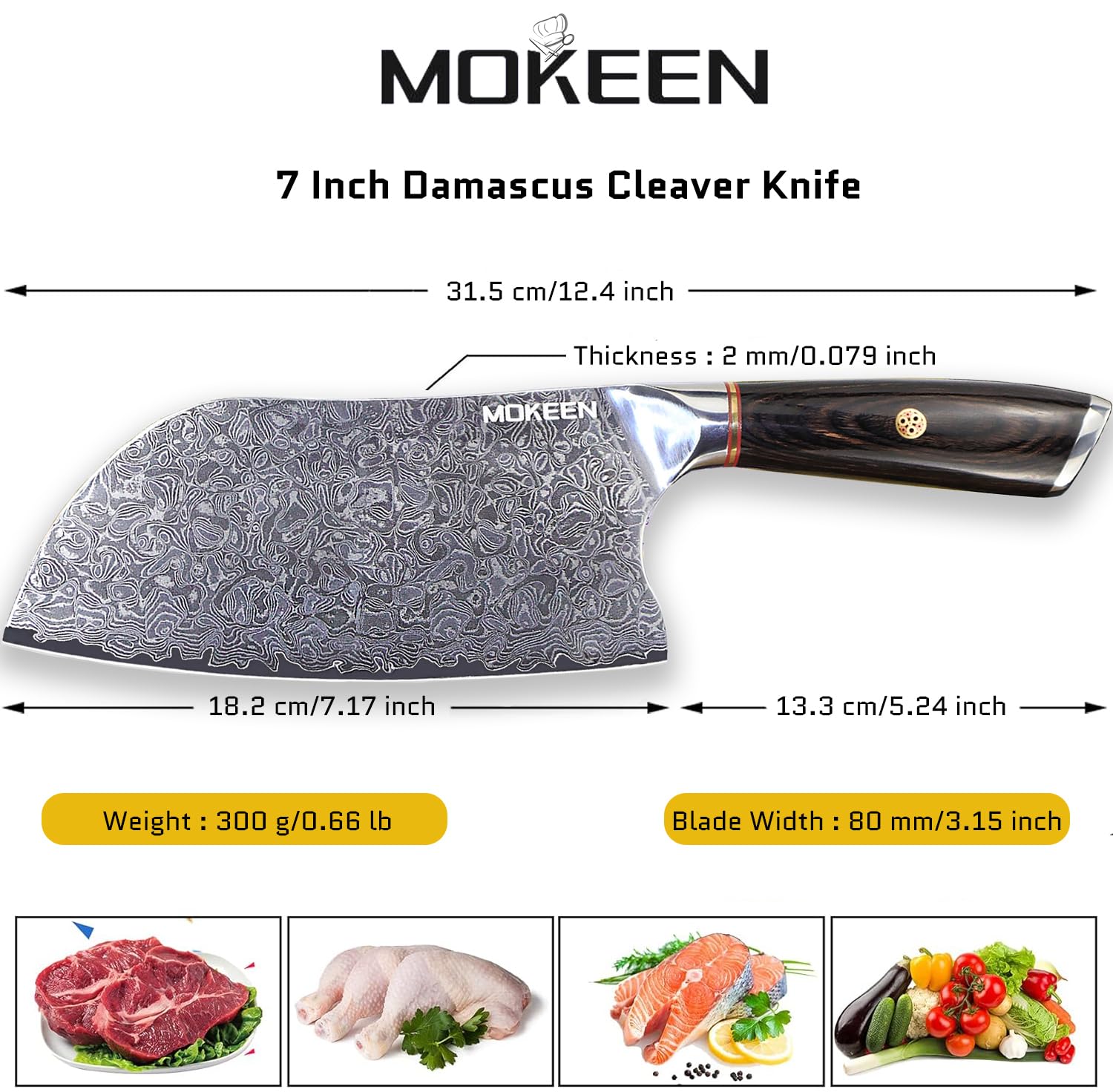Ergonomic wooden handle on MOKEEN cleaver for comfortable grip.