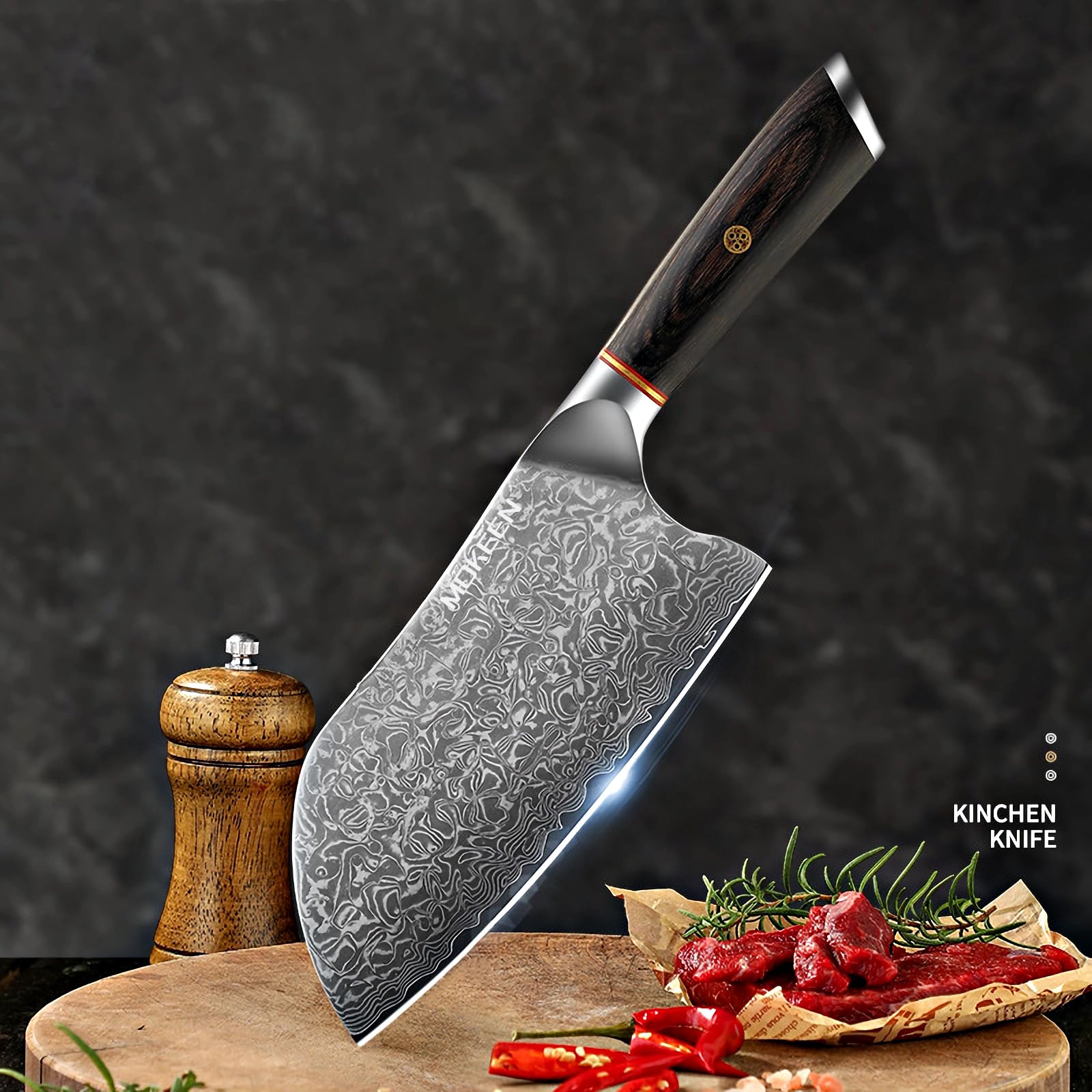 Distinctive Damascus blade elevating kitchen aesthetics and performance.