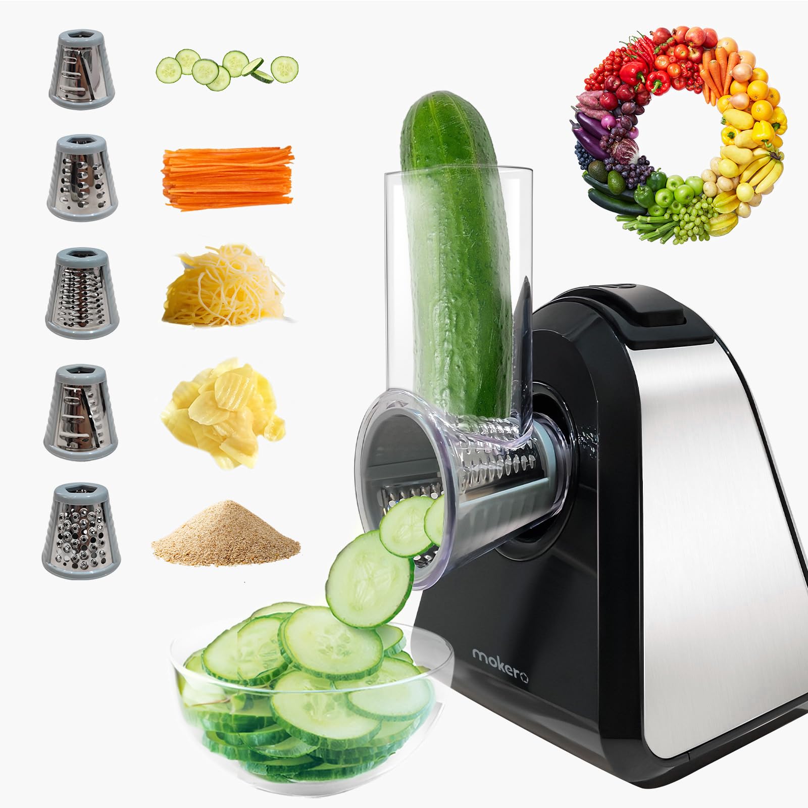 Mokero 5-in-1 front view for quick cheese grating in busy kitchens.