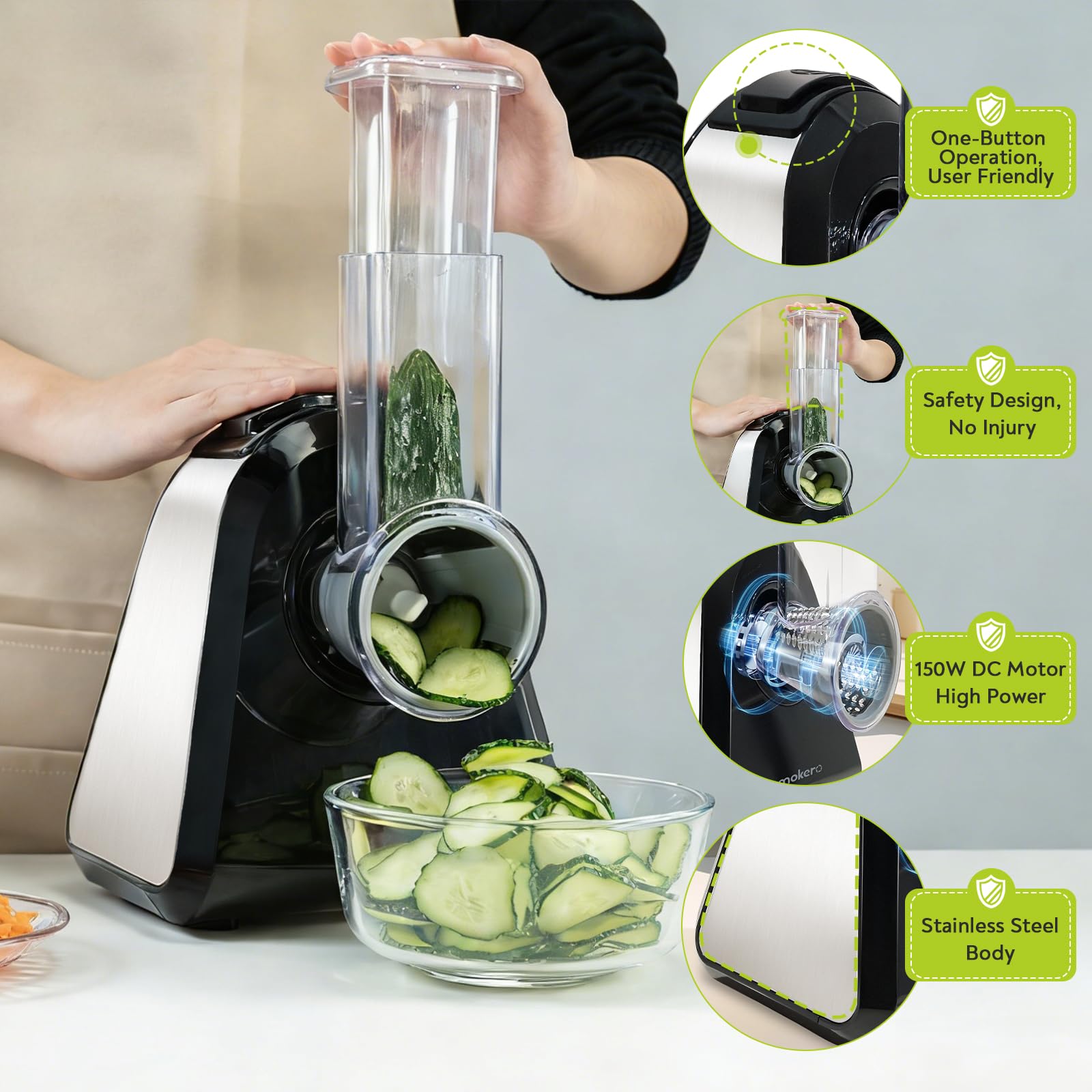 Mokero vegetable chopper in use, slicing carrots smoothly.