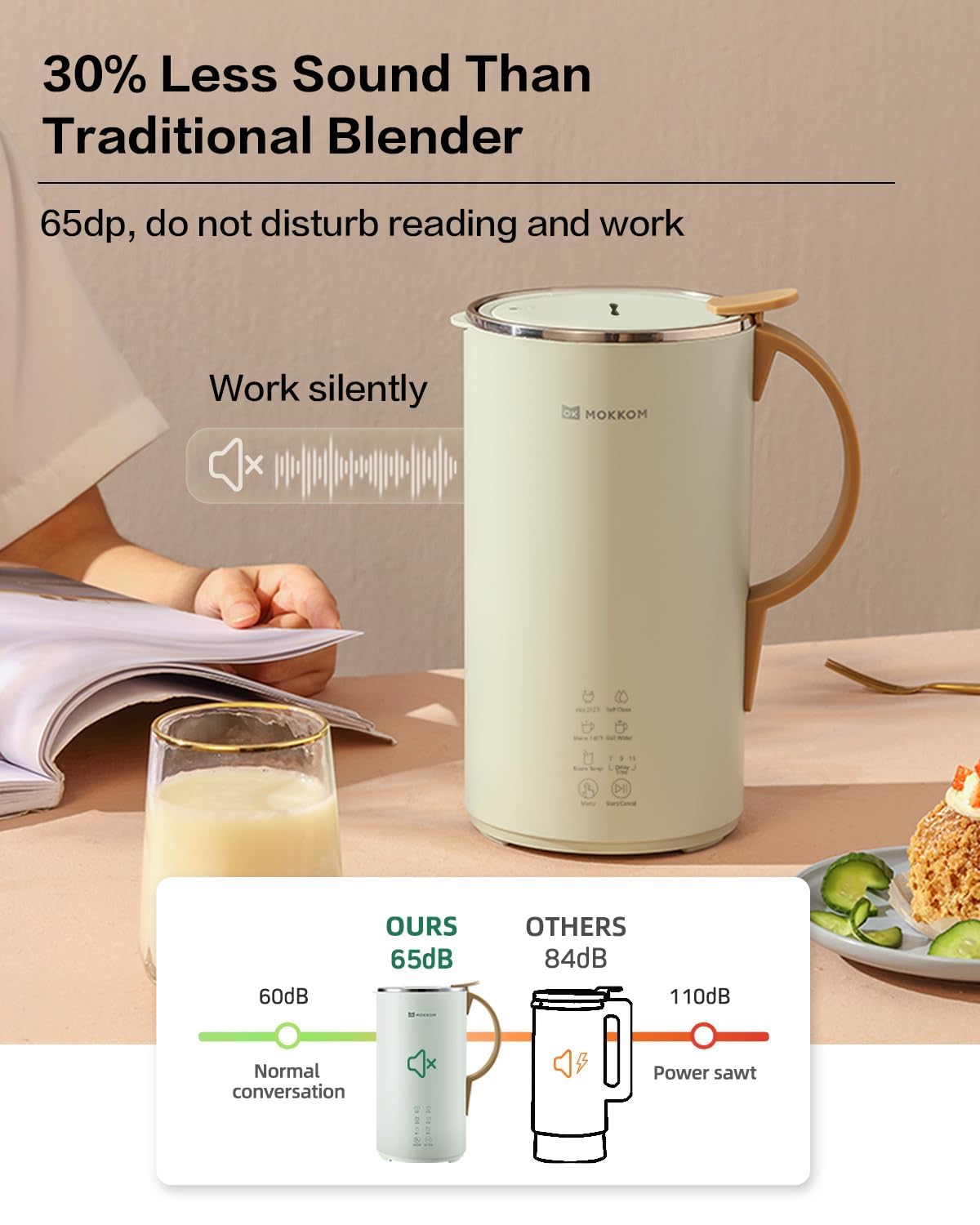 MOKKOM almond milk in use shows smooth texture for home beverages.
