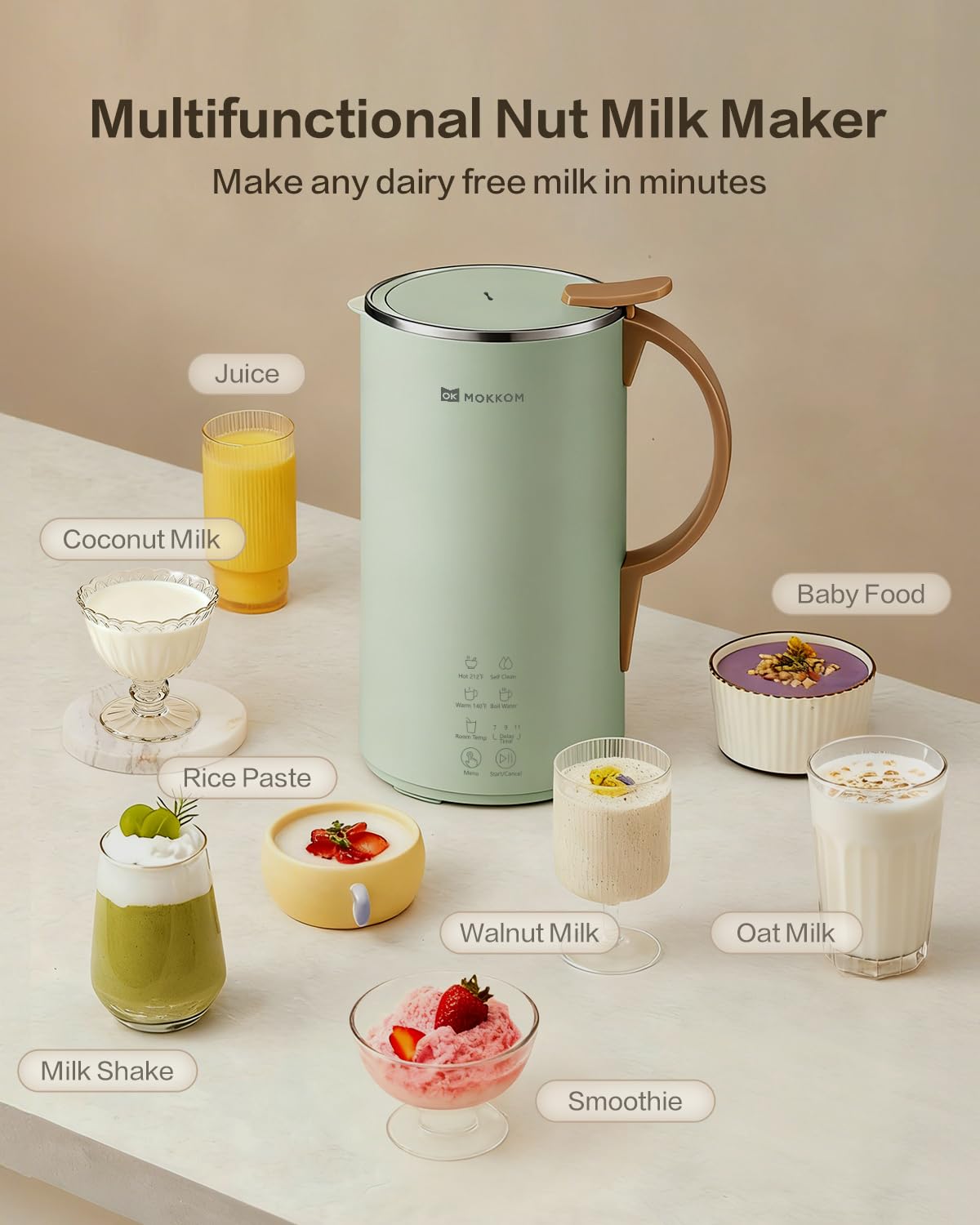 MOKKOM nut milk maker digital panel enables easy control and presets.