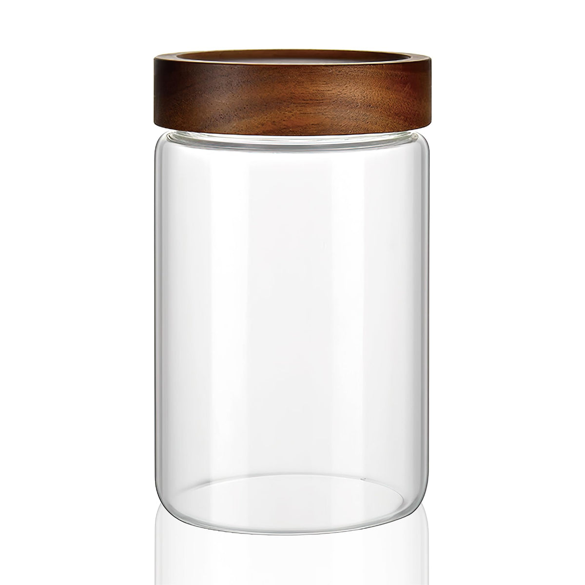 MOLADRI clear glass storage jar with airtight wooden lid shown for kitchen organization.