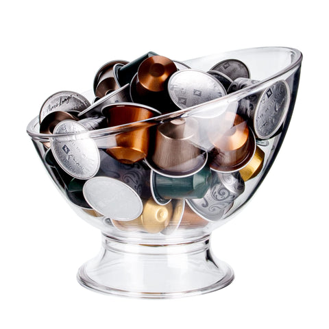 MOLFUJ coffee pod holder on clear stand showcases 40+ capsules for organized mornings.