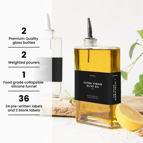 Molimoli glass bottles with gold weighted pourers for clean, controlled pours.