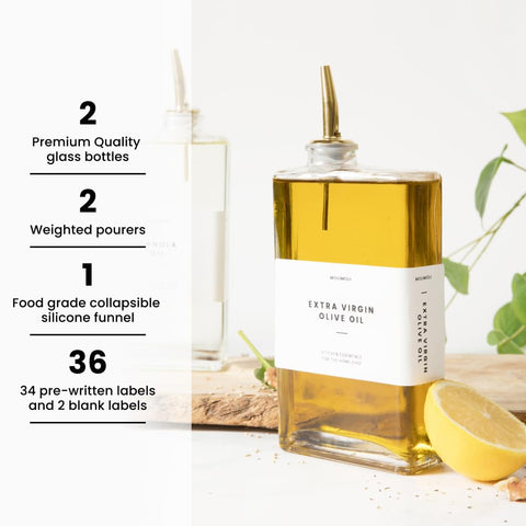 Molimoli glass thin bottle image highlights a sleek container for olive oil.