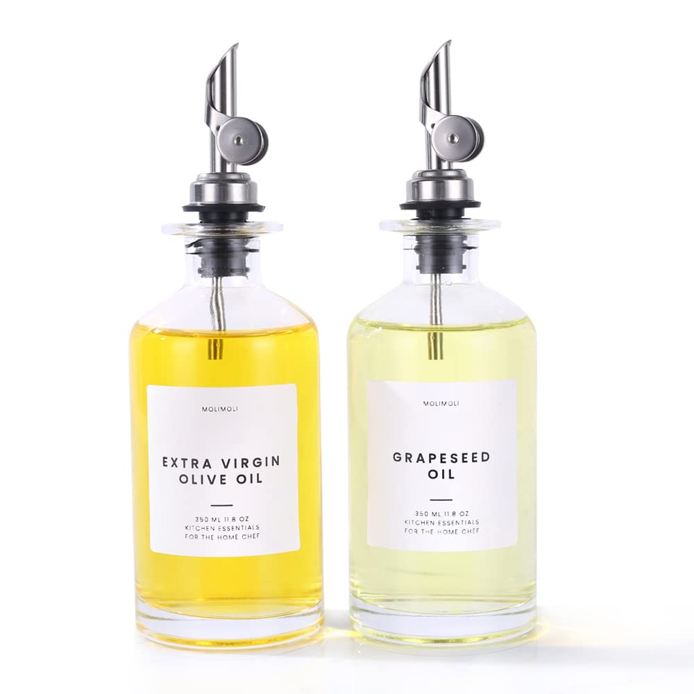 Molimoli oil and vinegar dispenser with glass bottles and metal pour spouts for precise drizzle.