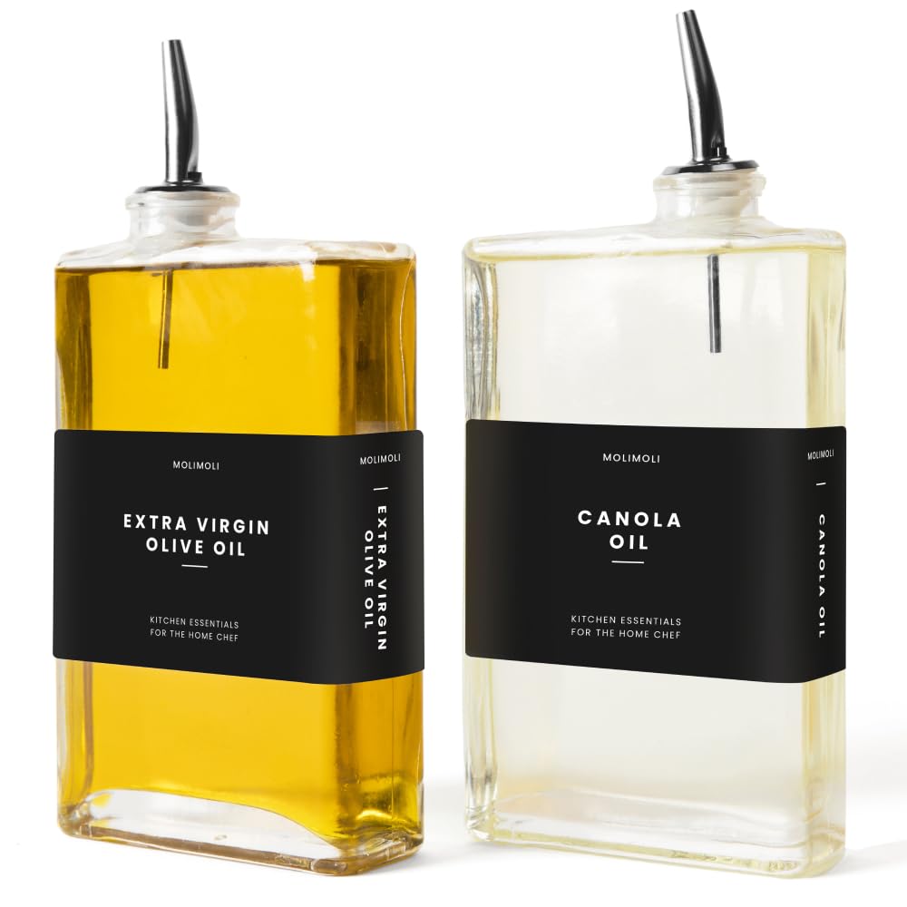 Molimoli olive oil dispenser bottles on counter for precise pours in home kitchens.
