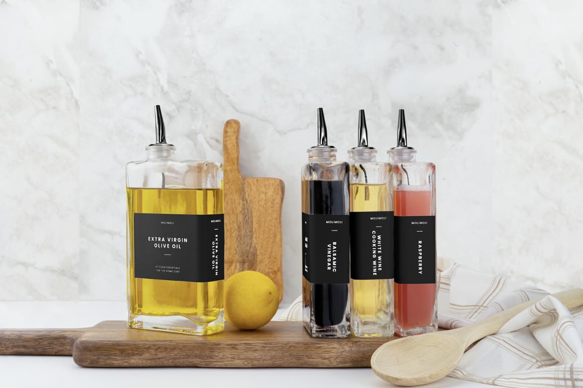 Molimoli two-pack glass bottles suit olive oil, vinegar, and sauces.