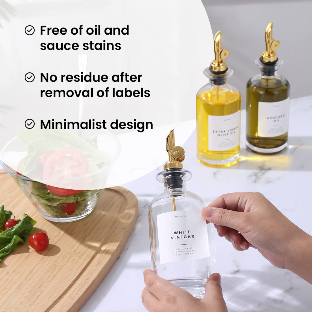Molimoli waterproof labels help organize bottles in a tidy kitchen setup.