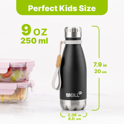 Mollcity Kids Water Bottle 9oz side view with carry rope for backpacks