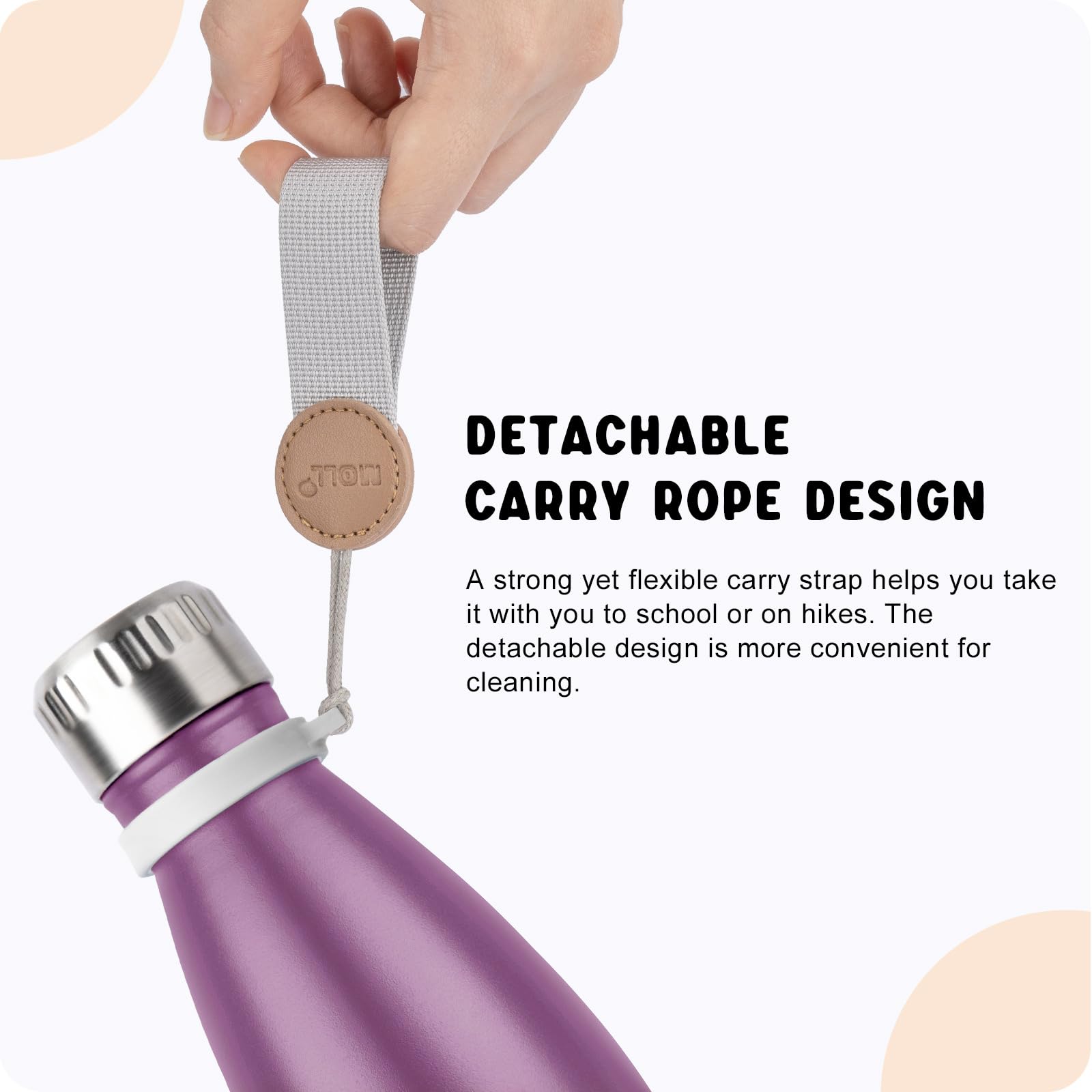 Detachable carrying strap on Mollcity Kids Water Bottle enables easy on-the-go hydration.