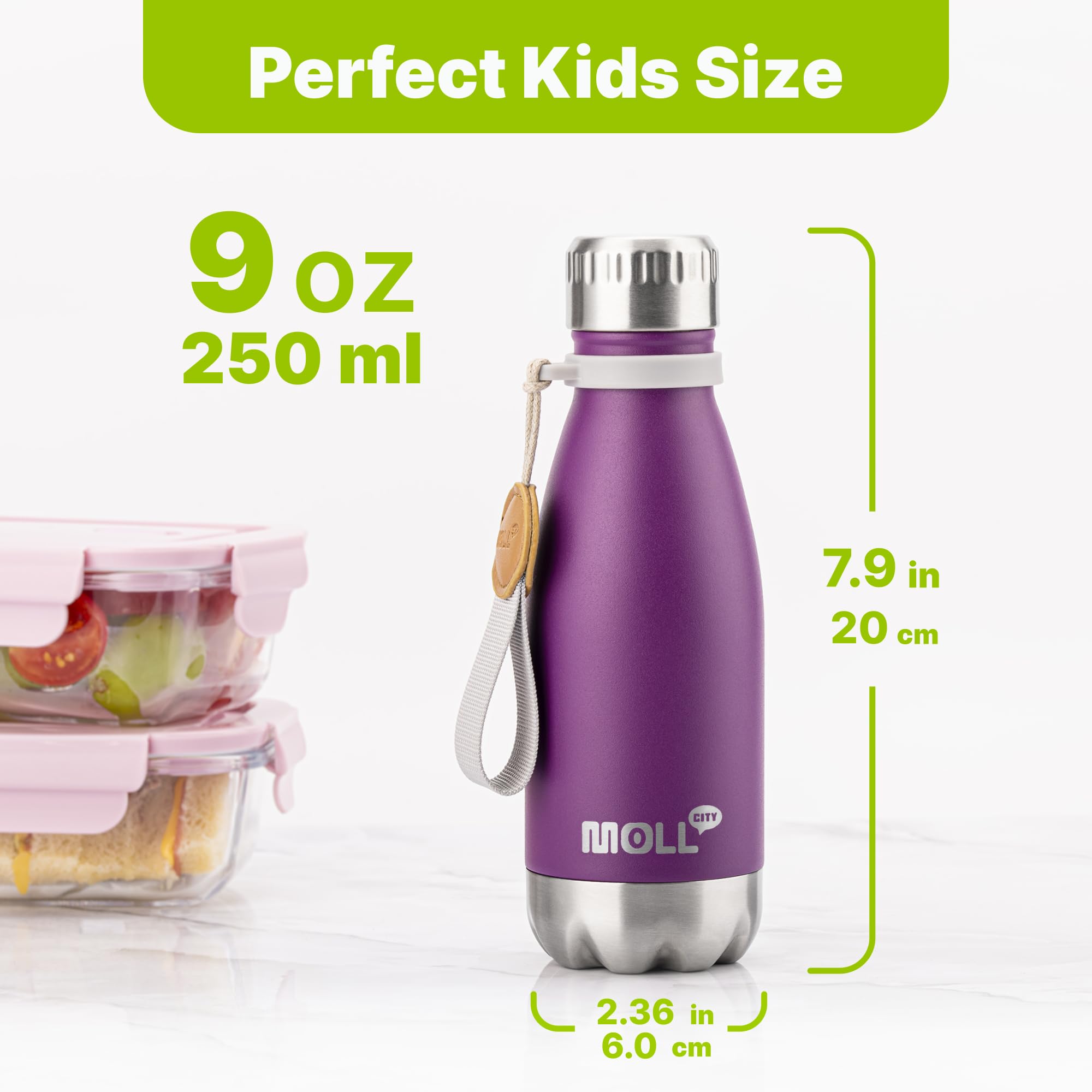 Mollcity Kids Water Bottle vacuum insulated keeps drinks cold or hot for hours.