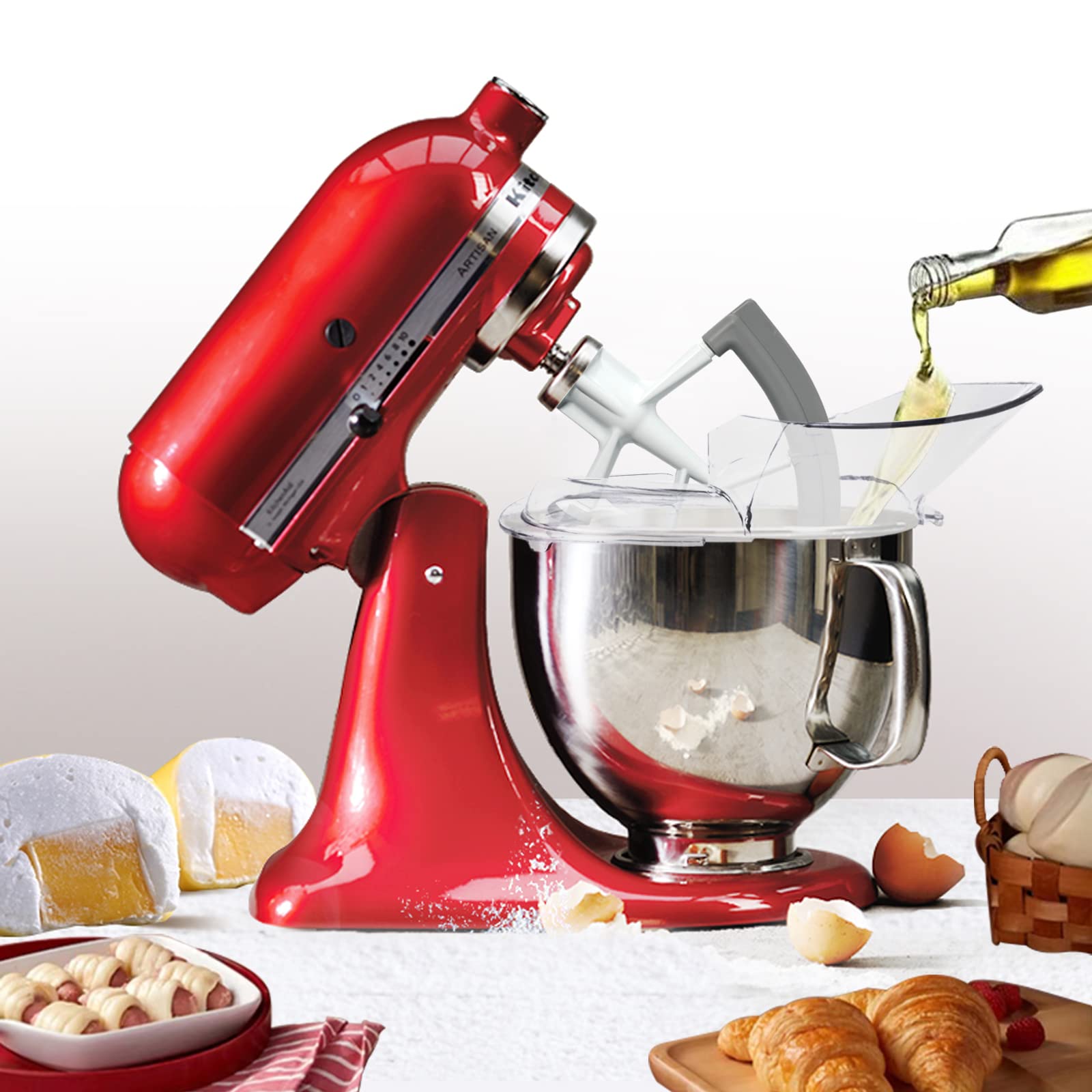 Moloudan splatter guard provides secure fit and minimizes flour spray during mixing
