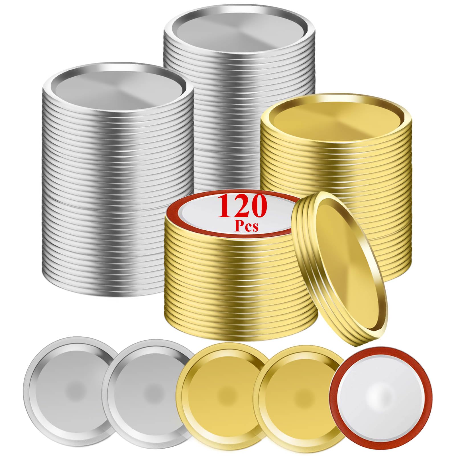 Moment Dextrad regular-mouth gold lids with airtight seal for jams and preserves.