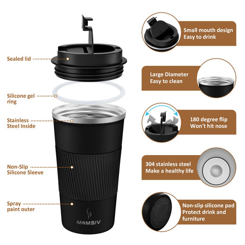 MOMSIV 17oz travel mug with leakproof screw-on lid prevents spills on the go