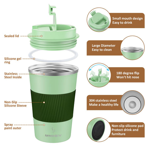 MOMSIV double-wall stainless steel 12oz mug preserves temperature for hours.