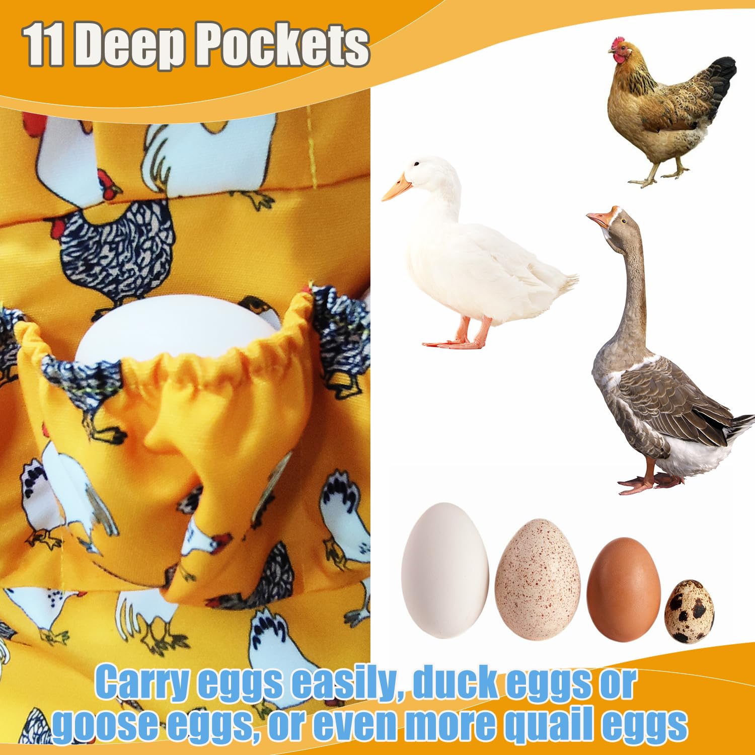 MOMWOW apron worn during activity supports hands-free egg gathering