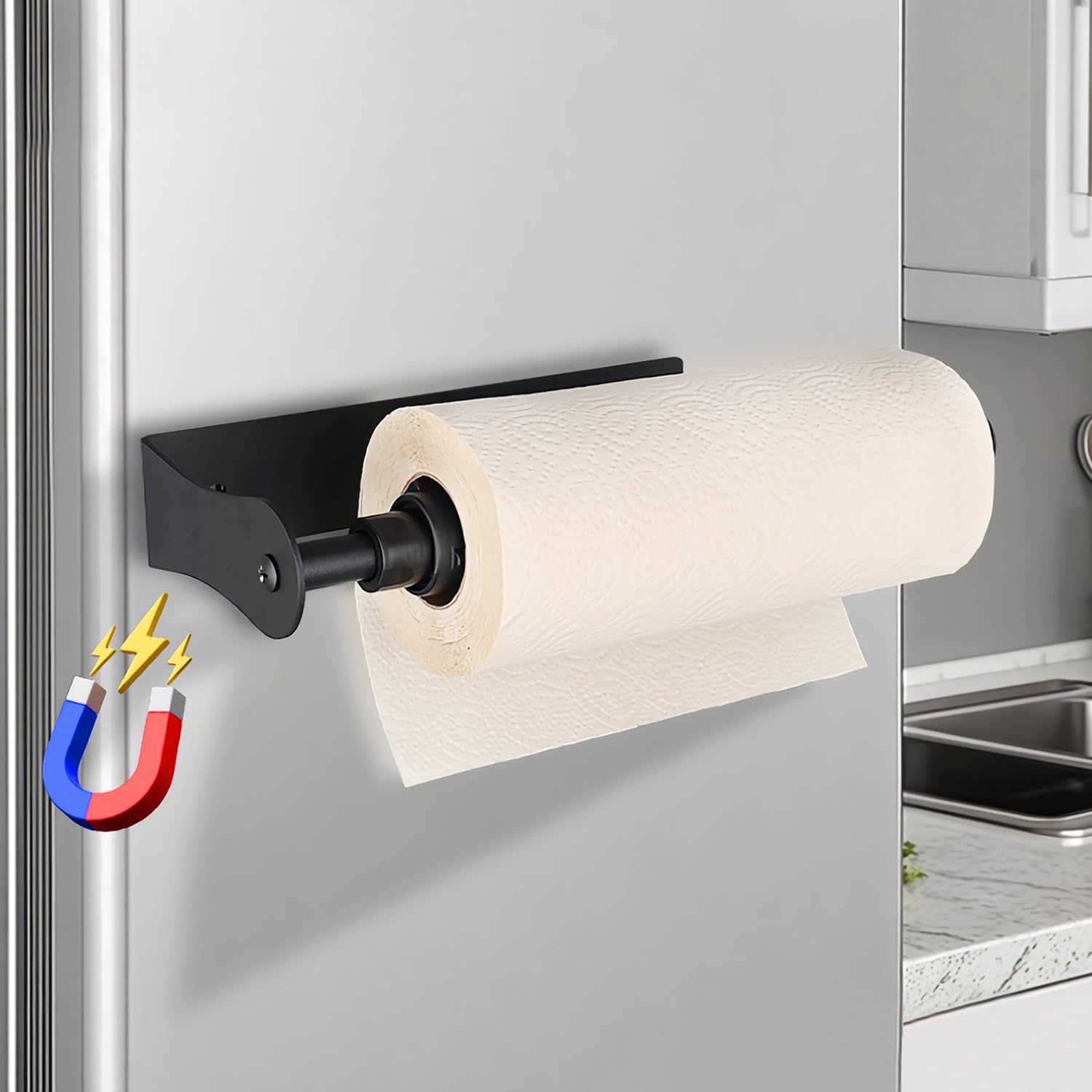 MONEER magnetic towel holder on fridge showing tool-free mounting for easy access.